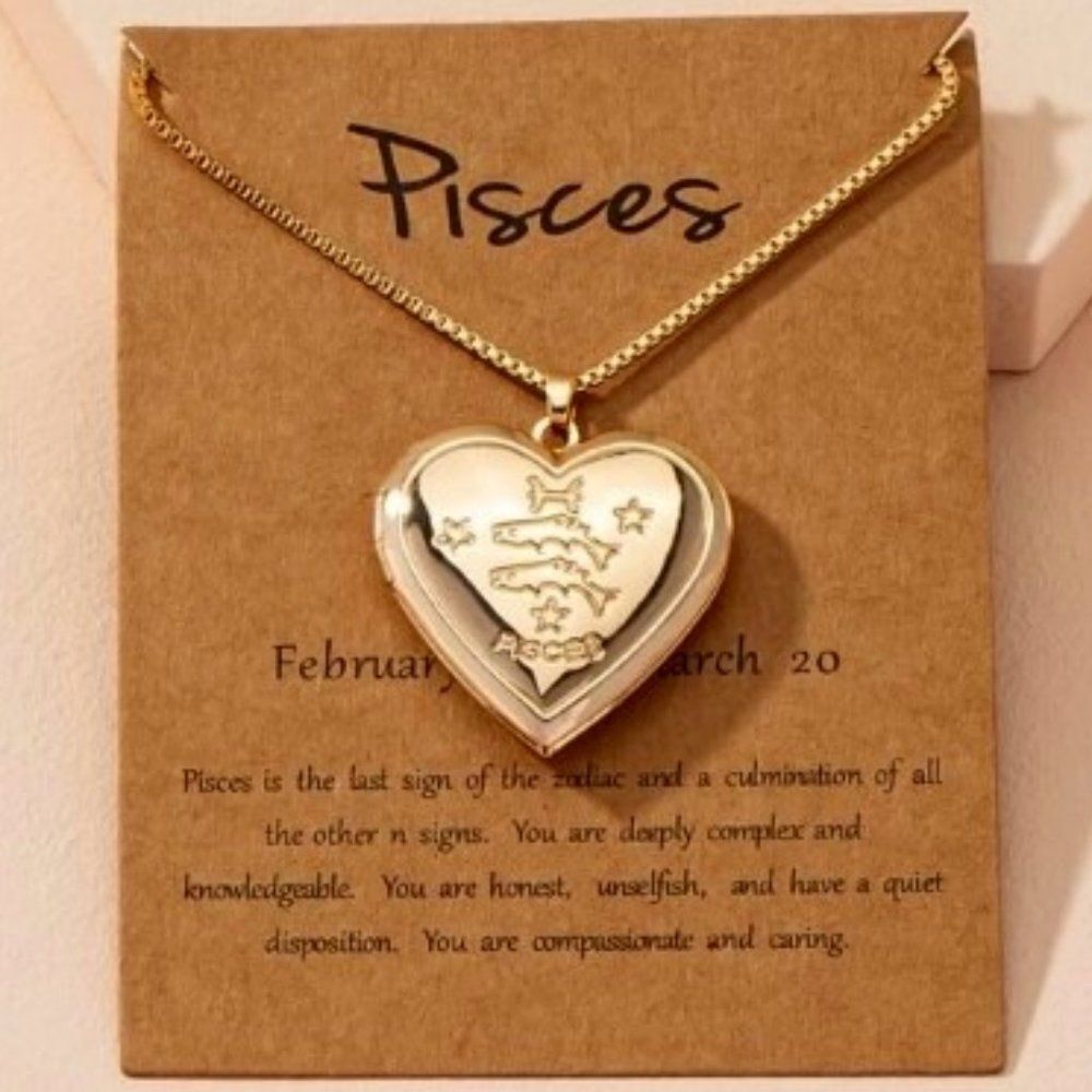 GOLD ZODIAC PISCES HEART LOCKET NECKLACE